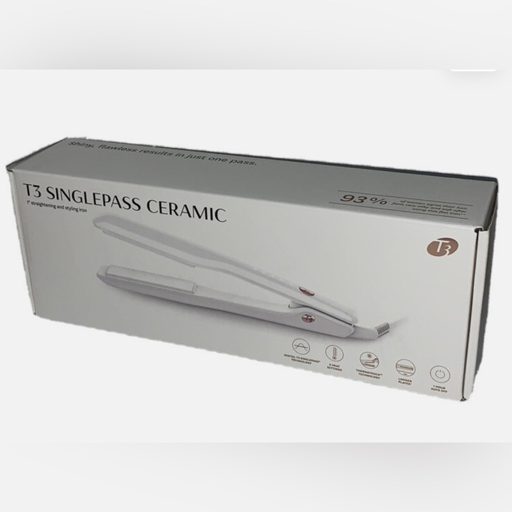 T3 SinglePass Ceramic 1” Straightening & Styling Flat Iron_5 Heat Settings_White
